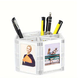 DIY creative magnetic photo frame holding pens and wallet-sized photos, perfect for desks and refrigerators.