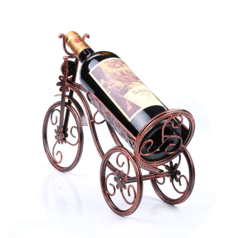 Ancient chariot wine rack in iron design, holding a 750ml wine bottle, elegant decorative piece for home decor.