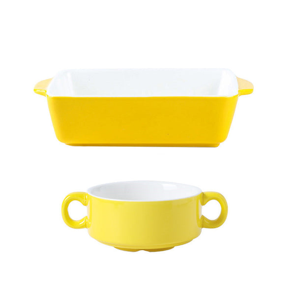 Vibrant yellow ceramic baking dish and matching soup bowl for stylish everyday cooking.