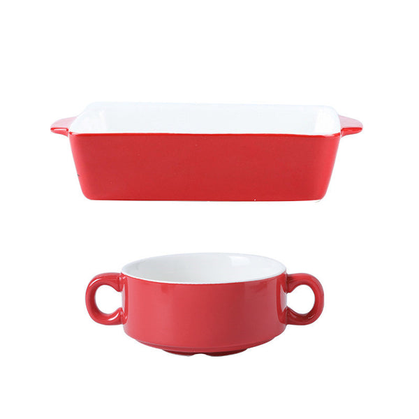 Vibrant red ceramic baking dish and matching soup bowl set, oven safe tableware for stylish cooking.