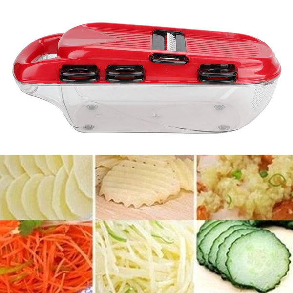 Multi-functional kitchen utensil featuring a stainless steel vegetable cutter with 7 blades, ideal for slicing and dicing vegetables.