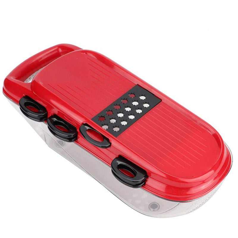 Multi-functional kitchen utensils in red with multiple blades for cutting and grating vegetables, made of stainless steel and ABS.