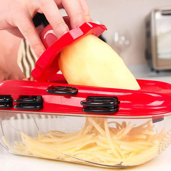 Easy-to-use multifunctional vegetable cutter for slicing potatoes with stainless steel blades and a red ergonomic design.