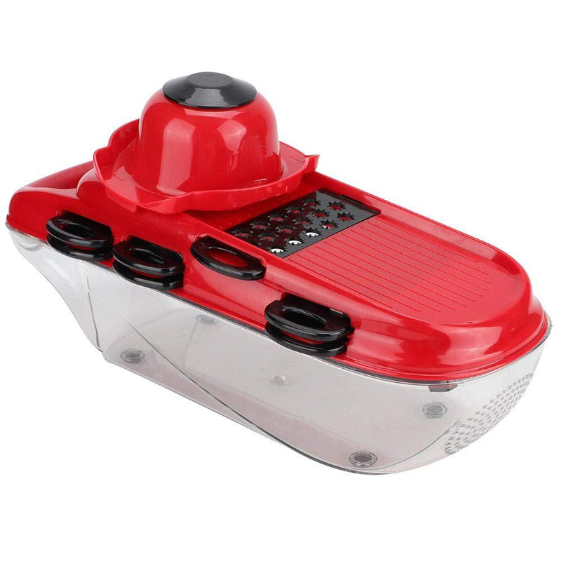Multifunctional kitchen utensils featuring a stainless steel vegetable cutter with multiple blades and container.