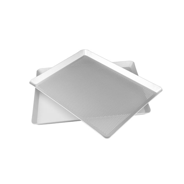 Two aluminum rectangular bakeware pans, silver, 40x30cm, ideal for household baking and cooking.