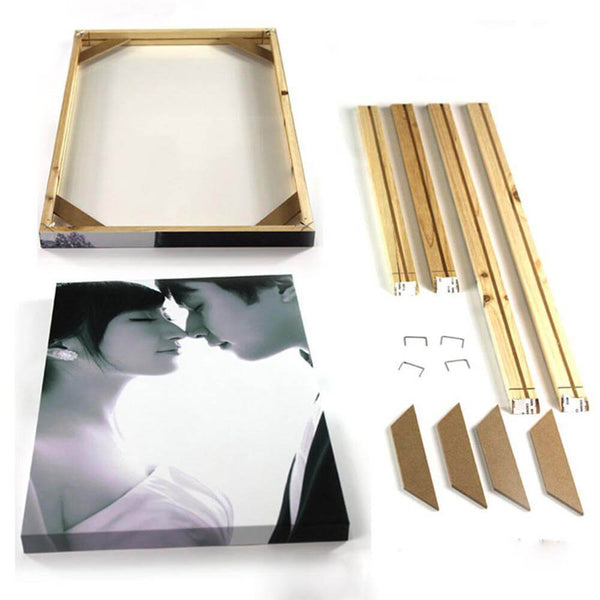Natural wood picture frame DIY kit with canvas painting components for wall display.