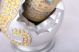 Aquarius beauty wine rack showcasing a silver and gold design, elegantly holding a wine bottle.