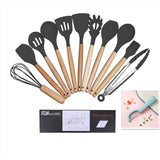 Wooden handle silicone cooking utensils set including spatula, whisk, tongs, and more in a gift box.