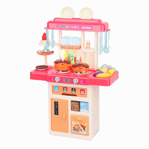 Colorful toy kitchen set with utensils, pots, and food items for imaginative play, perfect for boys and girls.