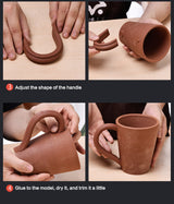 Step-by-step guide showing how to adjust and attach a handmade DIY teacup handle tool.