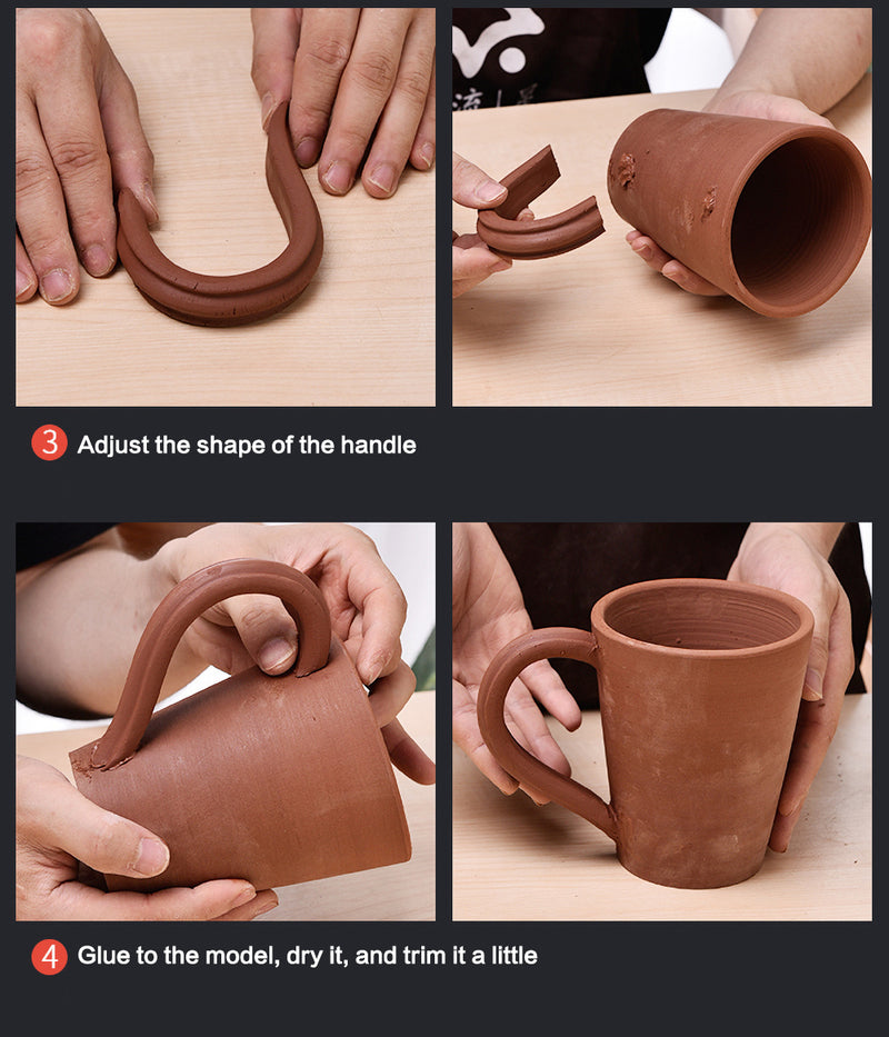 Step-by-step guide showing how to adjust and attach a handmade DIY teacup handle tool.