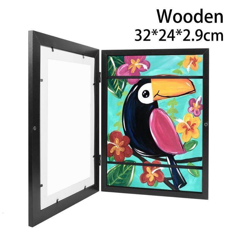 A4 magnetic wooden photo frame for kids featuring vibrant toucan art and colorful flowers.