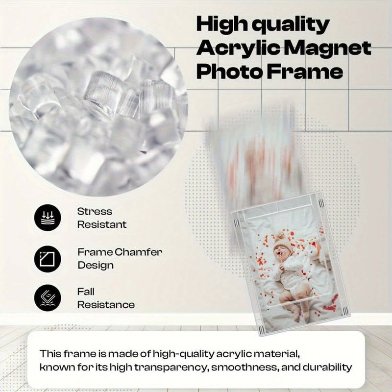 High-quality acrylic magnetic photo frame, stress and fall resistant with clear design and chamfered edges.
