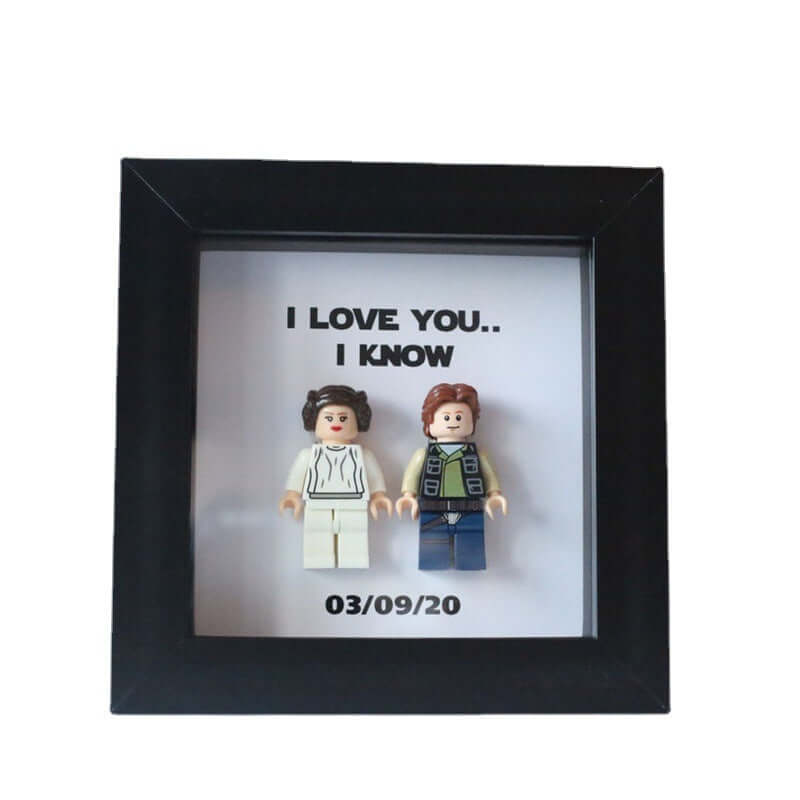 Personalized photo frame featuring LEGO figurines with the quote 'I Love You.. I Know' for anniversaries or gifts.