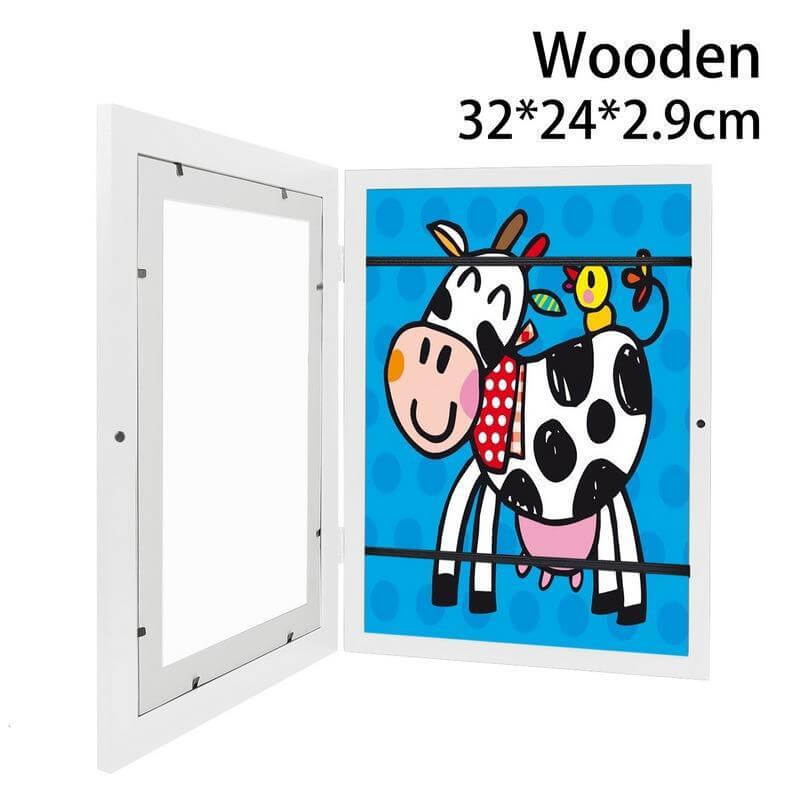 Children's A4 art frame in solid wood, featuring a cow design, perfect for displaying kids' artwork.