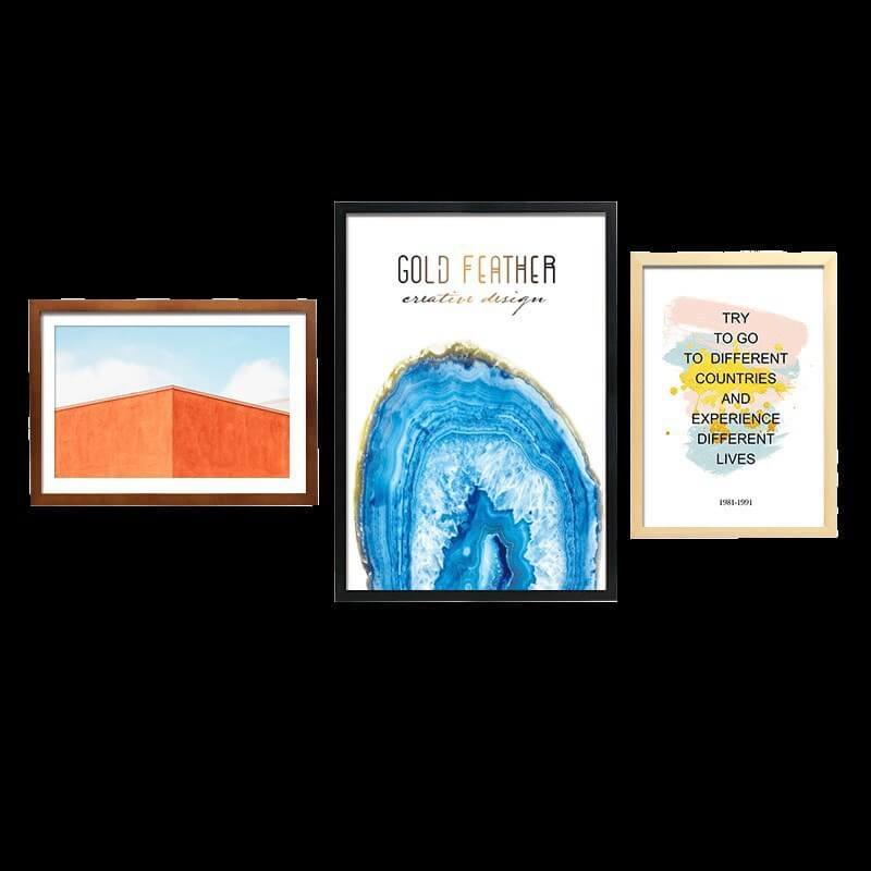 Three stylish solid wood picture frames displaying art prints, featuring a geometric photo and colorful inspirational quotes.