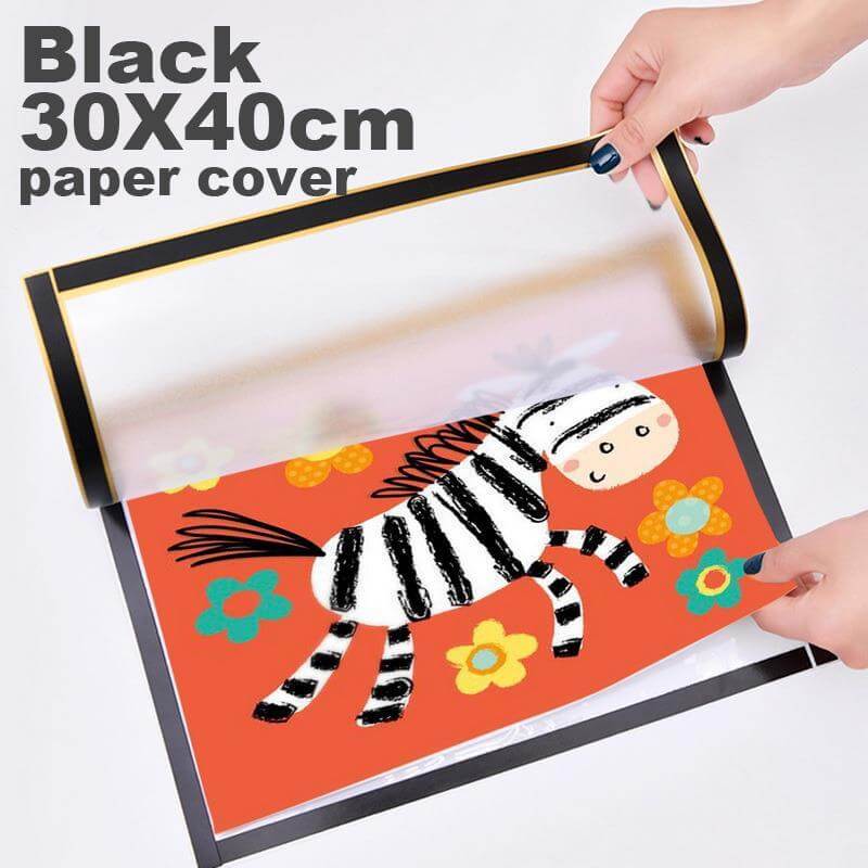 Black 30x40 cm paper cover showcasing colorful children's artwork, featuring a zebra and flowers.