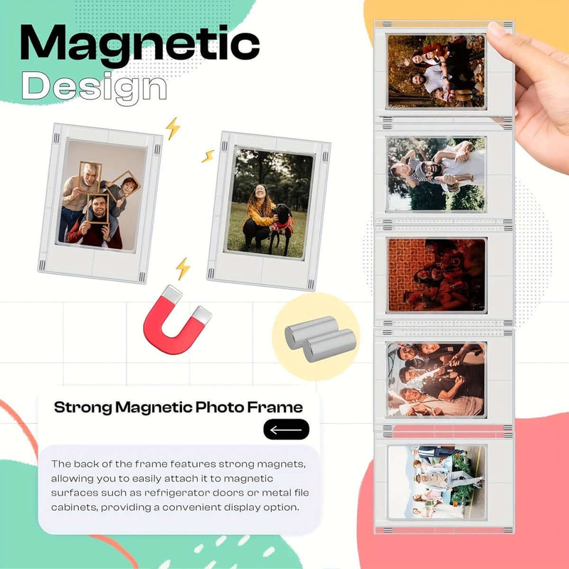 Collection of strong magnetic photo frames showcasing various family photos, ideal for creative display on metal surfaces.