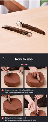 Step-by-step guide on using a handmade DIY teacup utensil handle tool with clay.