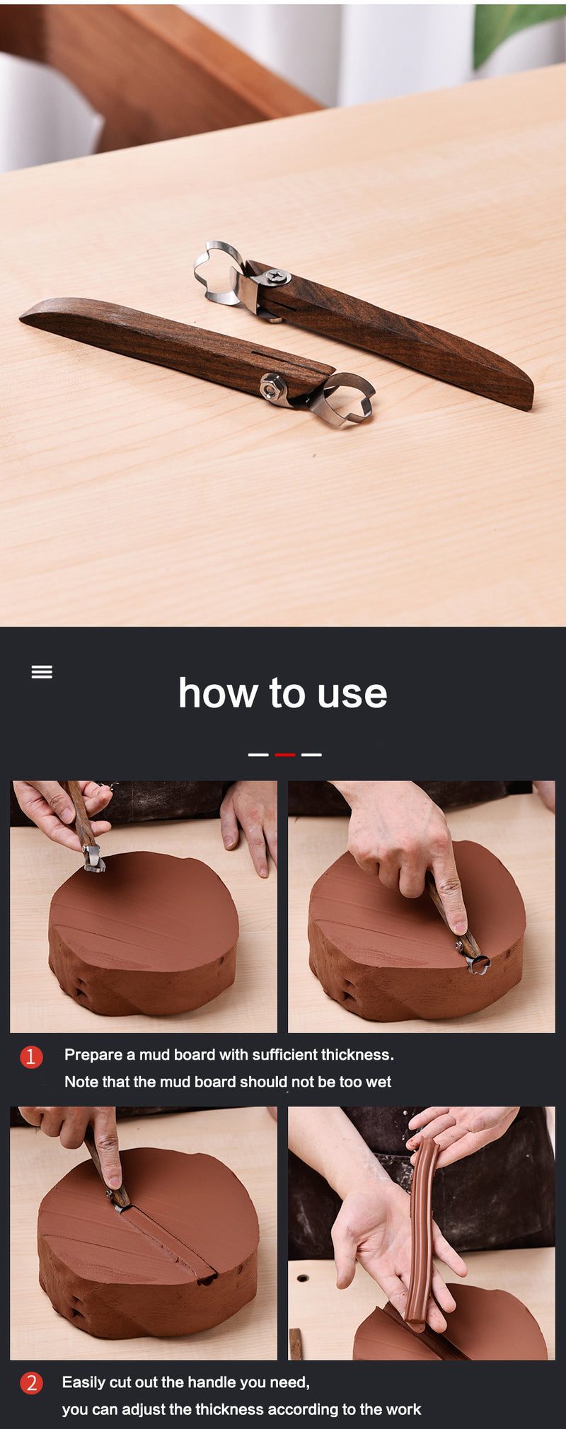 Step-by-step guide on using a handmade DIY teacup utensil handle tool with clay.