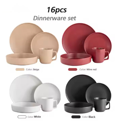 16-piece dinnerware set in beige, wine red, white, and black colors, perfect for stylish dining and entertaining.