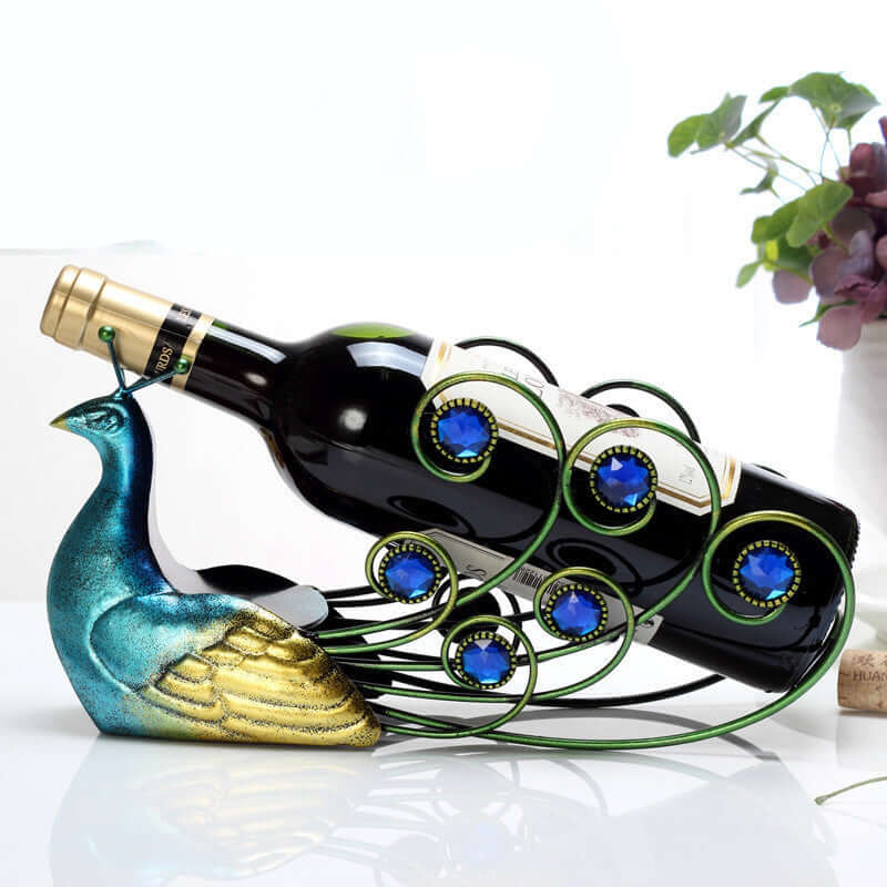Exquisite peacock-shaped wine rack made of iron, showcasing a decorative design with blue accents, perfect for wine lovers.