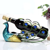 Exquisite peacock design wine rack crafted from iron, featuring bottles held by decorative blue stones.