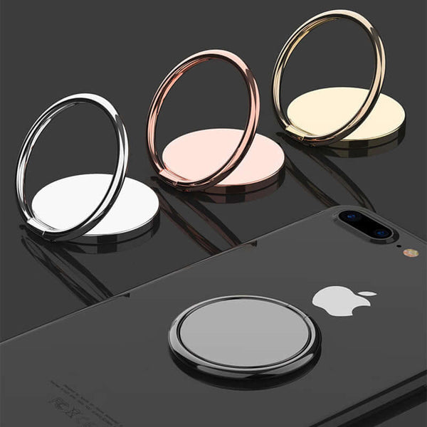 Metal phone stand holders in silver, rose gold, and gold colors, featuring finger ring support for better grip.