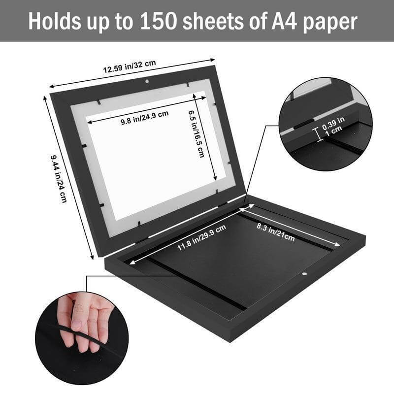 Modern A4 magnetic art frame for kids, holds up to 150 sheets, ideal for displaying children's artwork.