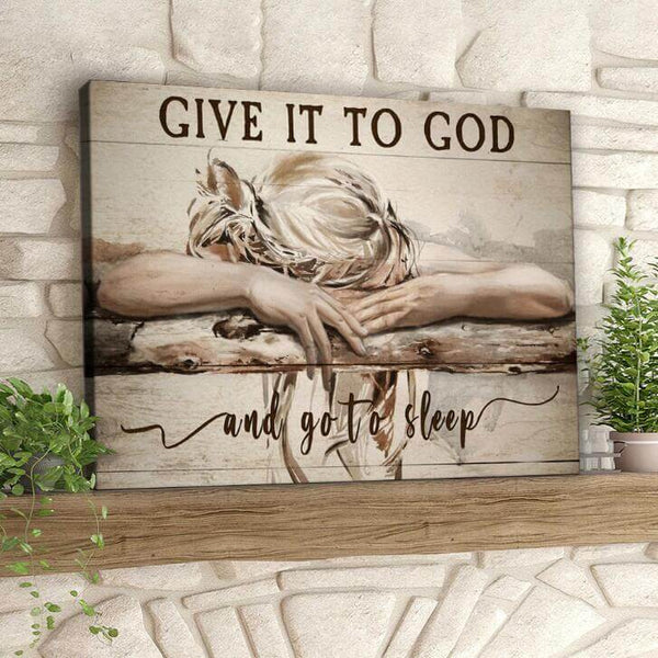 Give It To God and Go to Sleep canvas artwork framed for Nordic home decor, featuring a serene woman resting on wood.