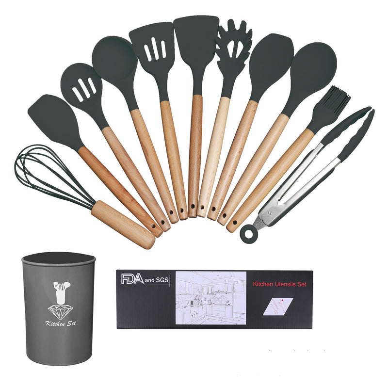 Wooden handle silicone cooking utensils set including spatulas, tongs, and whisk in a kitchen storage container.