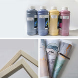 Art supplies including paint bottles and wooden frames for decorative canvas painting.