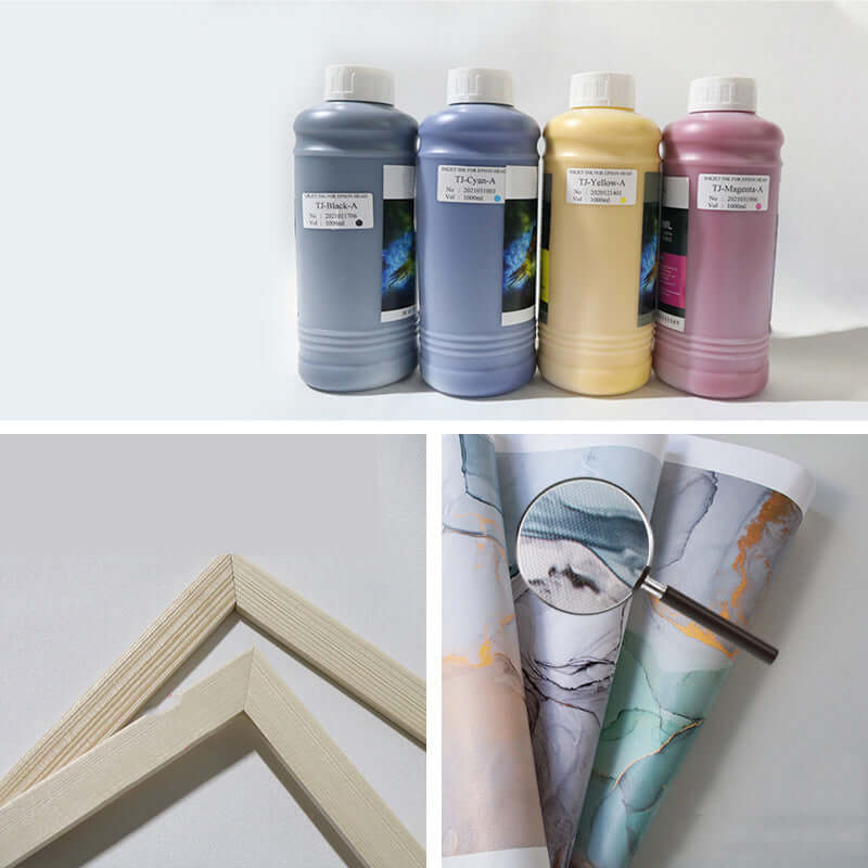 Art supplies including paint bottles and wooden frames for decorative canvas painting.