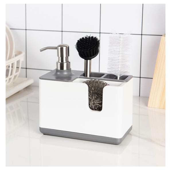 Kitchen cleaning utensils storage soap dispenser in black and white, ideal for organizing kitchen and bathroom essentials.