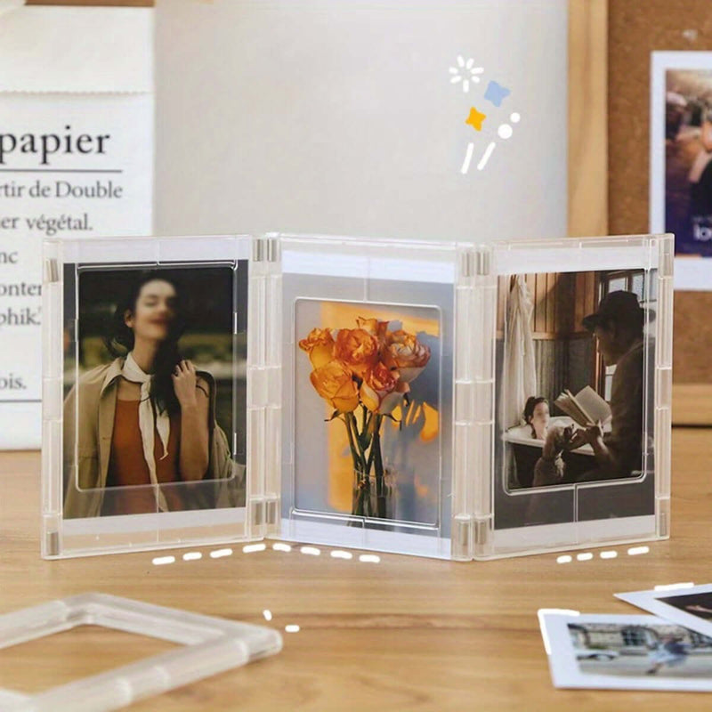 Creative magnetic photo frame displaying colorful images of flowers and people on a wooden desk.