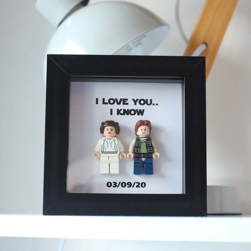 Personalized Lego photo frame with quote 'I Love You.. I Know' for special occasions sharing love.