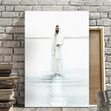Nordic Christian wall art featuring a serene Jesus figure walking on water in a stylish canvas frame.