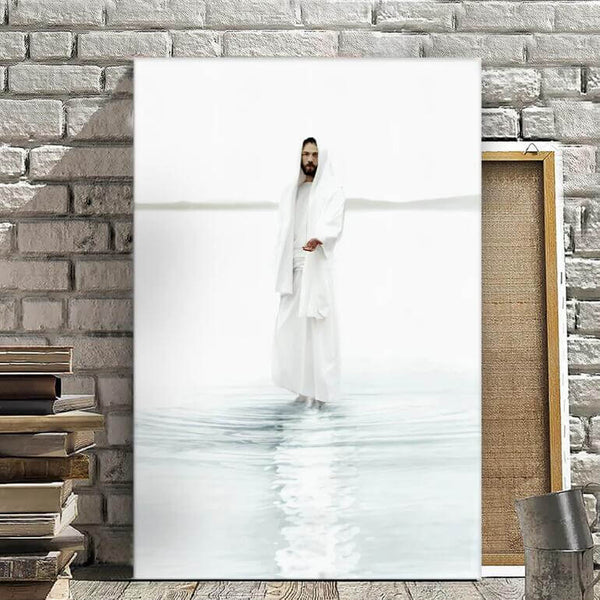 Christian-themed canvas painting of a serene figure standing on water, framed for living room decor.