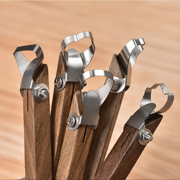 Handmade DIY teacup utensils handle tool set featuring wooden handles and stainless steel tips in various designs.