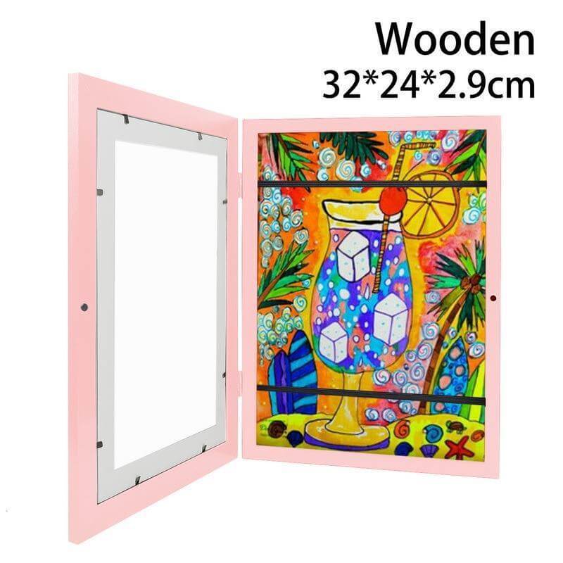 Children's A4 magnetic wooden art frame in pink, showcasing vibrant kids' artwork, perfect for modern decor.