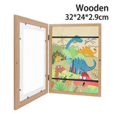 Children's A4 wooden art frame with a colorful dinosaur design, perfect for displaying kids' artwork.