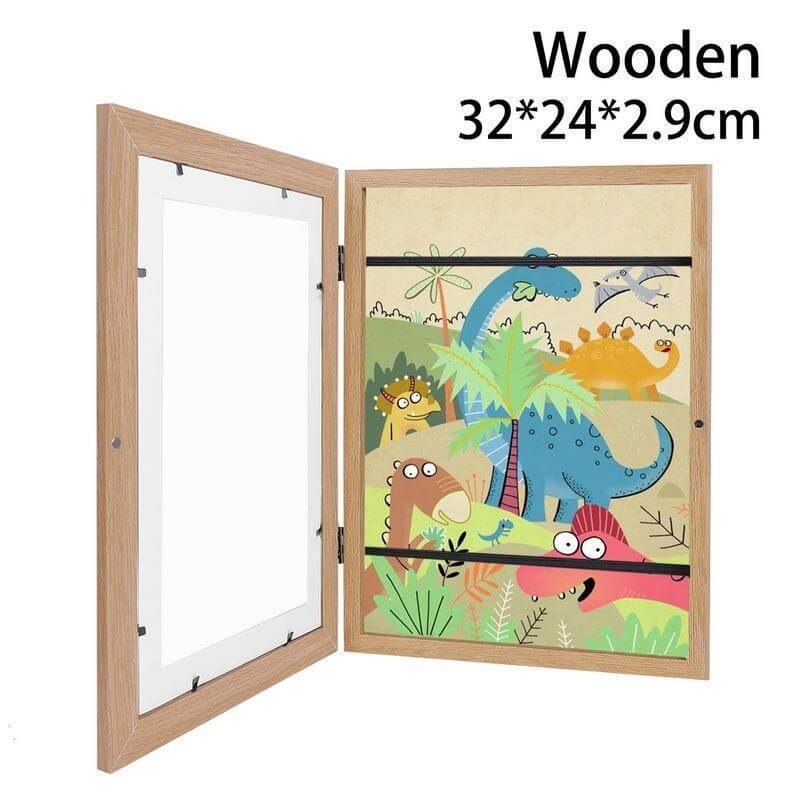 Children's A4 wooden art frame with a colorful dinosaur design, perfect for displaying kids' artwork.